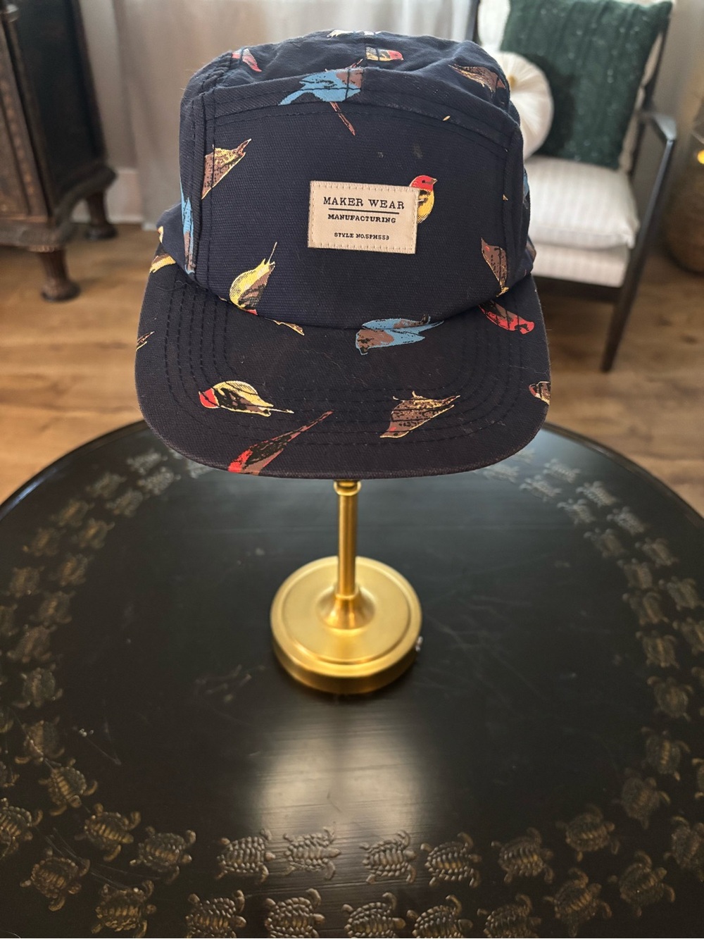 Navy Bird-Print Five-Panel Cap